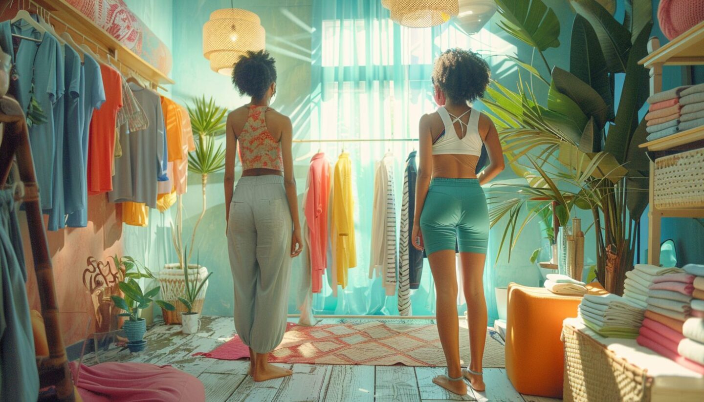 Deux femmes se trouvent devant très peu de choix lors de leur achat de vêtements de yoga