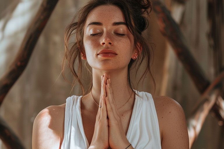 Une femme vêtue d'un haut blanc se tient debout, les mains en Anjali Mudra, entourée de nature et d'un éclairage doux et chaleureux.
