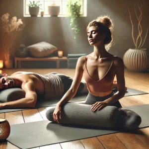 A peaceful yoga studio with soft natural light where a woman with a naturally proportioned physique is practicing deer pose mrigasana using a bolst