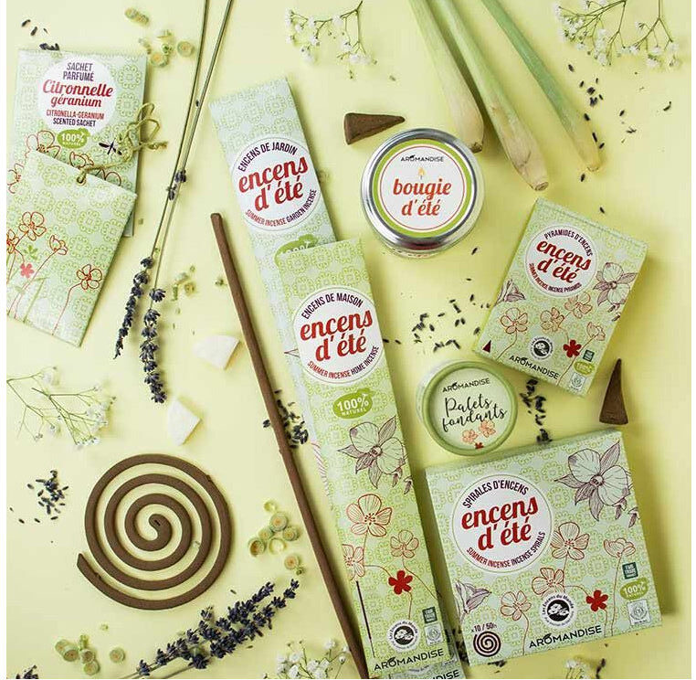 Encens pour l'été actif contres les moustiques, en format batons géants, batons d'encens traditionnels et cones d'encens