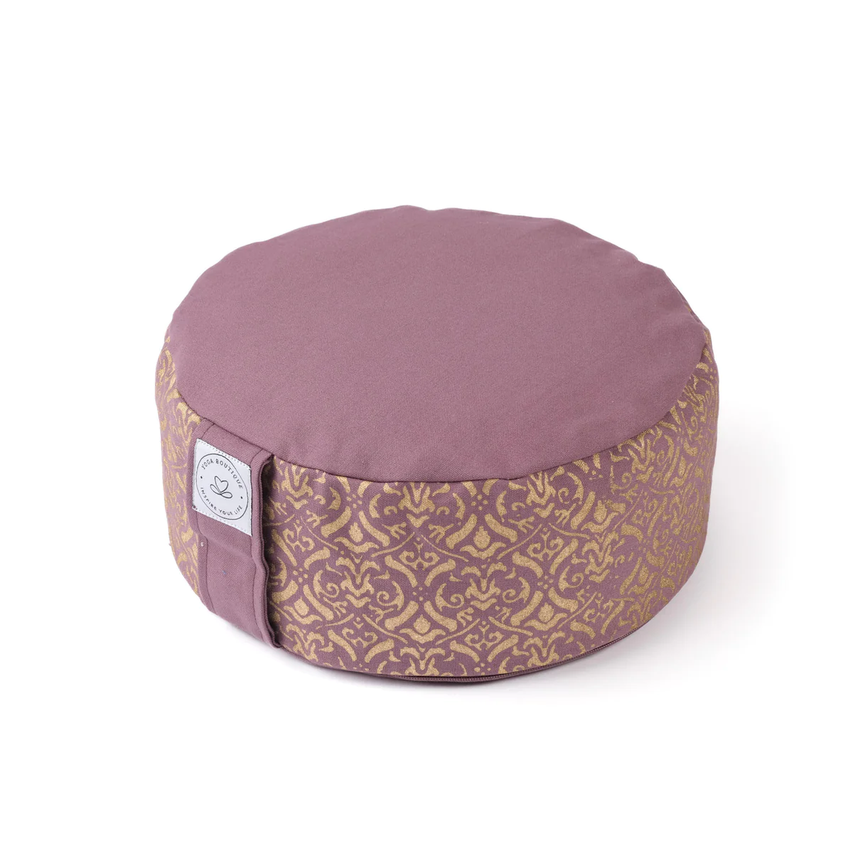 Coussin de méditation rond et haut de couleur rose lavande avec une dragonne et des motifs dorés imprimés sur le côté d'inspiration indienne