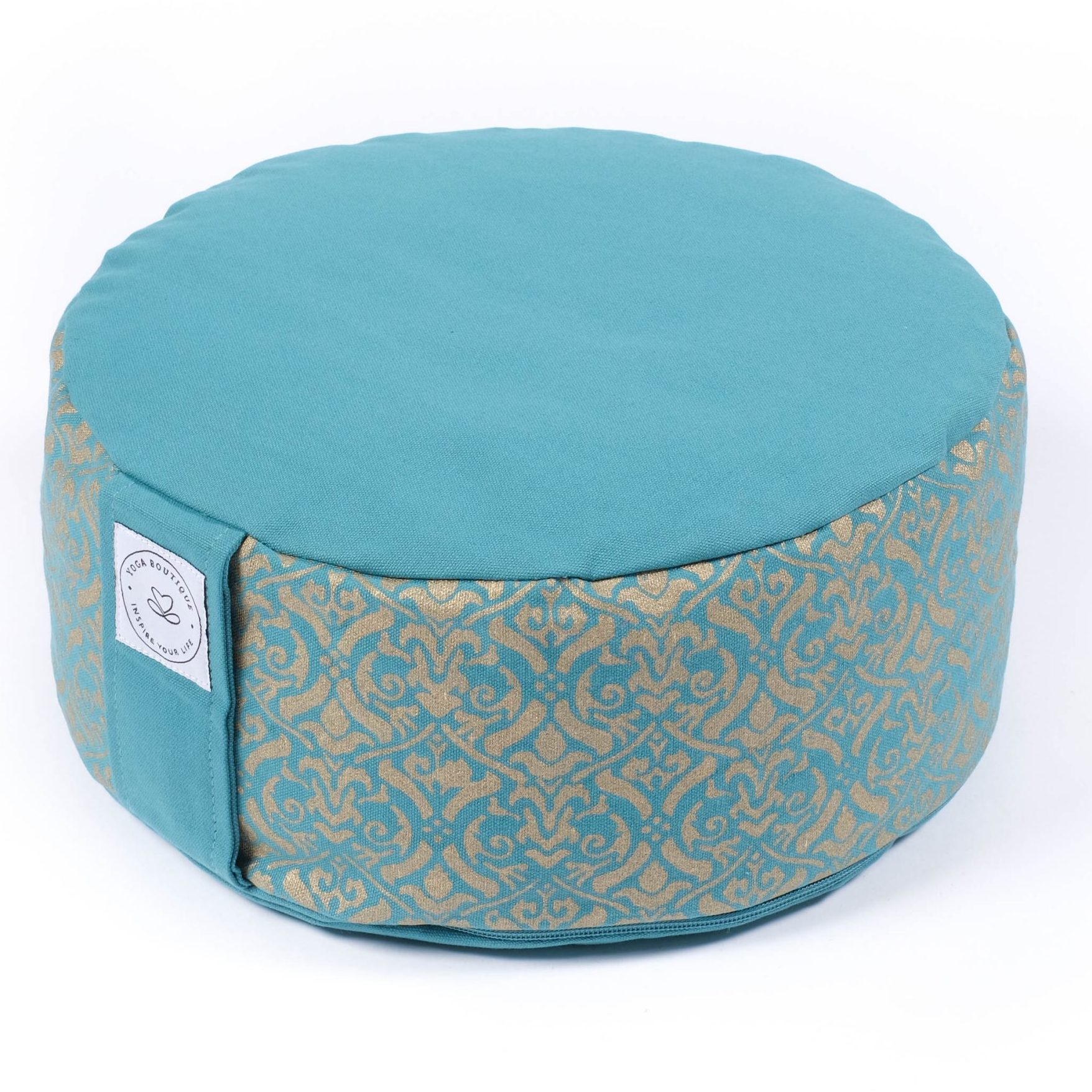 Coussin de méditation rond turquoise à motif doré
