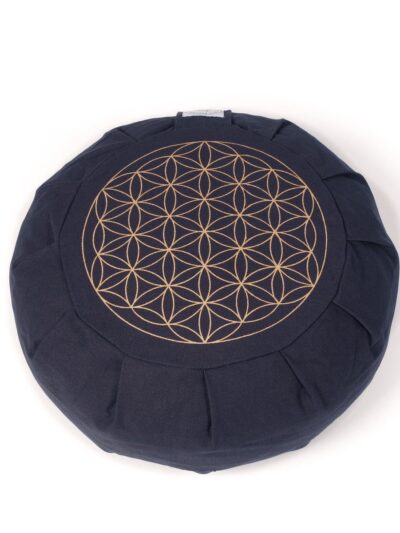 Coussin de méditation de forme zafu large et rond en coton épais avec le dessin en doré d'un mandala fleur de vie sur le dessus, coloris bleu marine