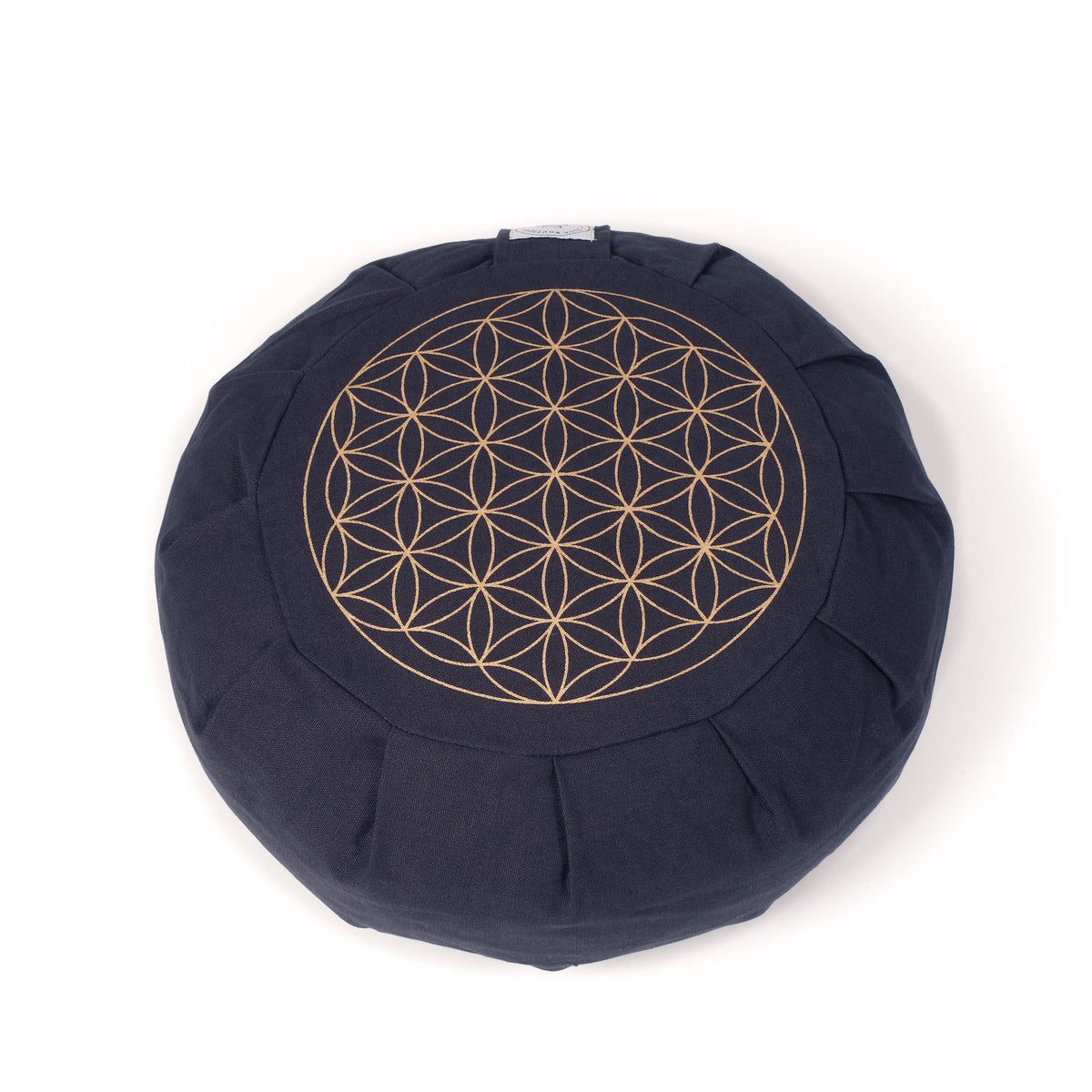 Coussin de méditation de forme zafu large et rond en coton épais avec le dessin en doré d'un mandala fleur de vie sur le dessus, coloris bleu marine