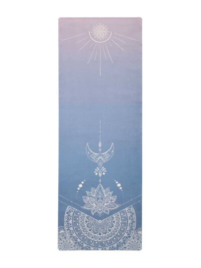 Tapis de yoga de voyage dégradé du marine au rose pâle avec motifs blancs soleil lune fleur de lotus mandala Yoga Boutique