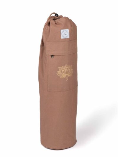 Grand sac à tapis de yoga en coton marron avec poches, bandoulière et impression dorée d'une fleur de lotus à l'avant