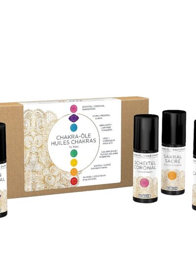 Coffret en carton contenant 7 petits flacons en verre d'huiles de massage pour les chakras Phytomed