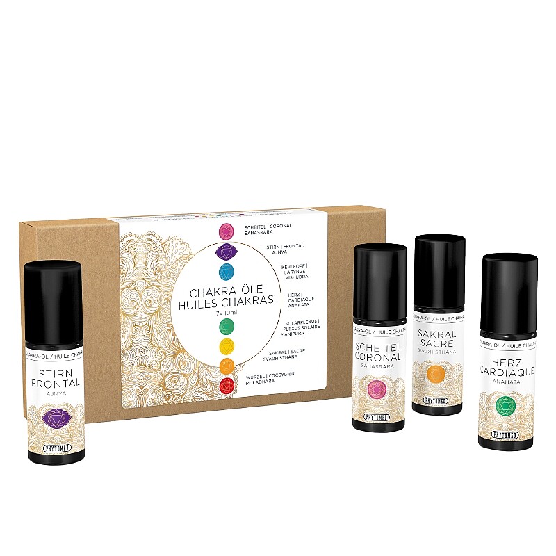 Coffret en carton contenant 7 petits flacons en verre d'huiles de massage pour les chakras Phytomed