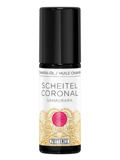 Flacon en verre foncé d'huile de massage du chakra couronne par Phytomed