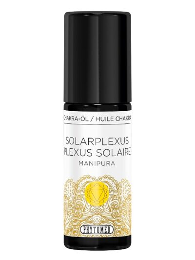 Flacon en verre foncé d'huile de massage du chakra plexus solaire par Phytomed