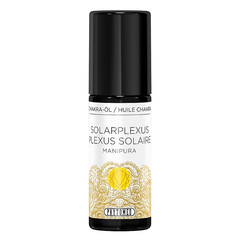 Flacon en verre foncé d'huile de massage du chakra plexus solaire par Phytomed