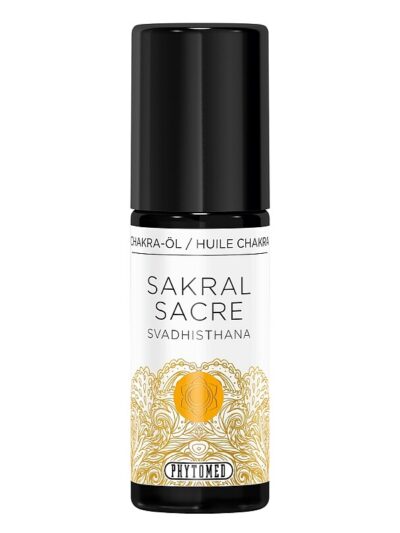 Flacon en verre foncé d'huile de massage du chakra sacré par Phytomed