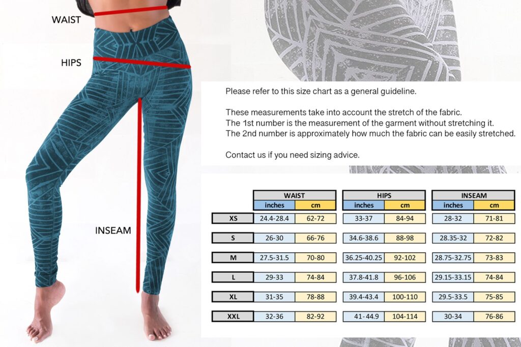 Modèle portant des leggings à motifs, avec un guide des tailles détaillant les mesures de la taille, des hanches et de l'entrejambe ainsi qu'une note sur l'élasticité du tissu.