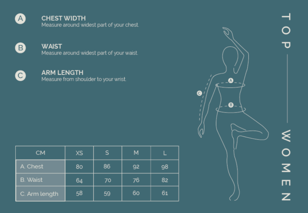 Guide de mesure pour les hauts pour femmes, illustrant la largeur de la poitrine, la taille et la longueur des bras avec un tableau des tailles en centimètres.